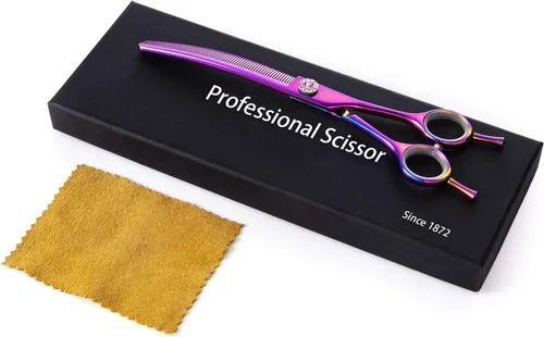 Vista 5 de PURPLEBIRD Tijeras curvadas hacia abajo de 7 pulgadas para peluquería para perros, tijeras texturizadoras de adelgazamiento, seguridad profesional