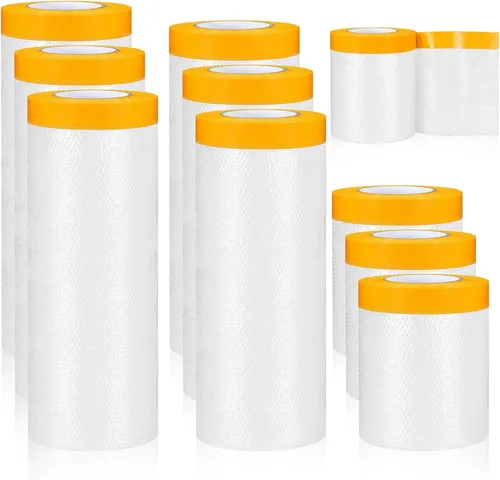 Vista 10 de Seajan 9 rollos de plástico con cinta adhesiva precintada para pintar pintura automotriz, película protectora, rollo de cinta adhesiva de plástico