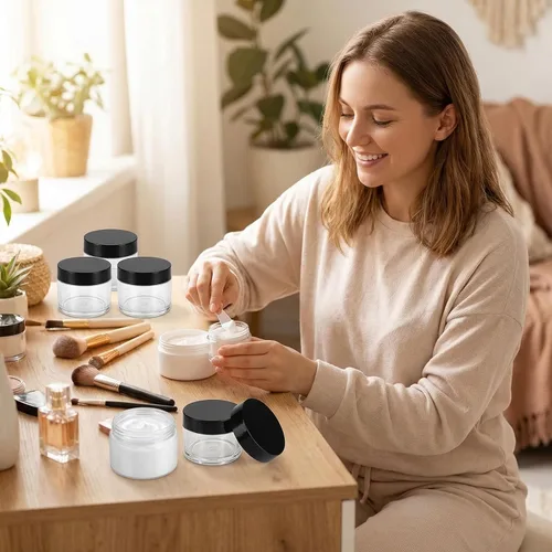 Vista 7 de Tapa de rosca de plástico blanco y negro recargable de 1.06 oz, 1.0 fl oz/1 oz, con base transparente, frascos cosméticos vacíos para botellas