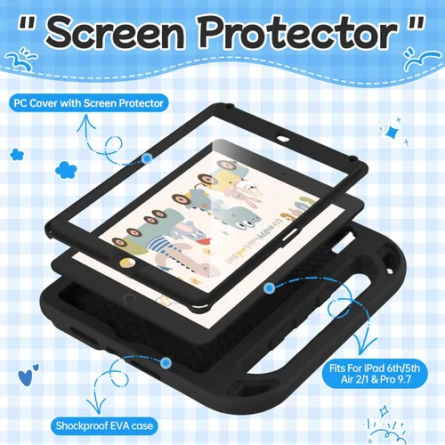 Vista 3 de BMOUO Funda para niños para iPad 9.7 2018/2017/iPad Air 2/1/Pro 9.7 - Protector de pantalla integrado con mango a prueba de golpes, funda