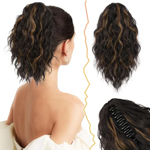 Vista 28 de BARSDAR Extensión de cola de caballo corta para mujer, extensiones de cabello sintético suave con clip de garra de 12 pulgadas, extensiones de cola