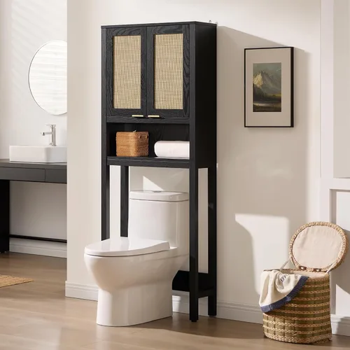 Vista 10 de SICOTAS Over the Toilet Storage Cabinet, Rattan Door Bathroom Organizer Roble claro recuperado