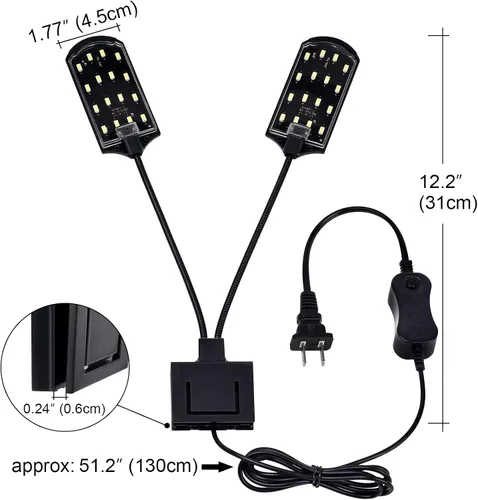 Vista 2 de WEAVERBIRD Doble cabeza acuario tanque de peces luz 15W 32 LED acuario plantado clip lámpara 1600LM iluminación LED blanca para 8-15 pulgadas tanque