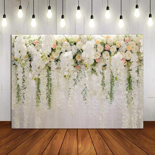 Vista 5 de YQ - Telón de fondo floral de rosa blanca de 7 x 5 pies para fotografía de despedida de soltera, boda, flores, decoración de pared, fondo de fotos