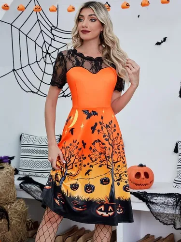 Vista 3 de Vestido de calabaza con mangas de encaje para mujer con cremallera lateral