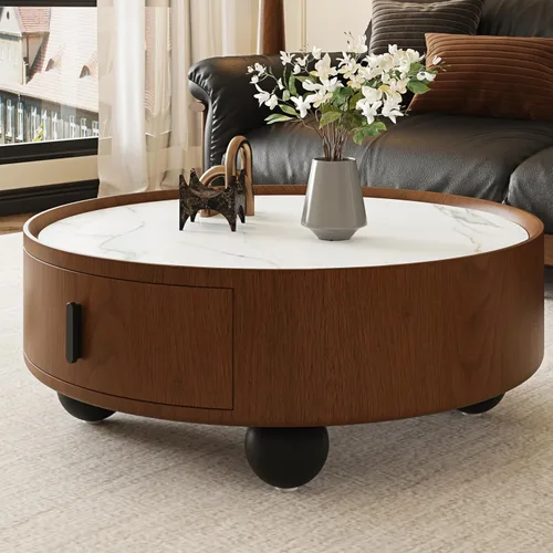 Vista 25 de Mesa de centro redonda de madera de 31.49 pulgadas con almacenamiento, mesa de centro circular acanalada de 2 niveles con tapa y estante para sala