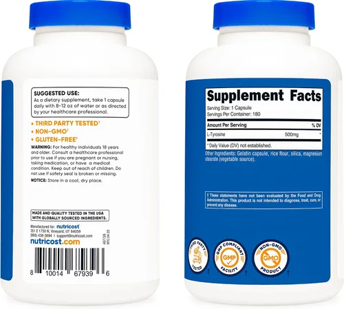 Vista 6 de Nutricost L-Tirosina 500 mg, 180 cápsulas - Sin gluten y sin OMG