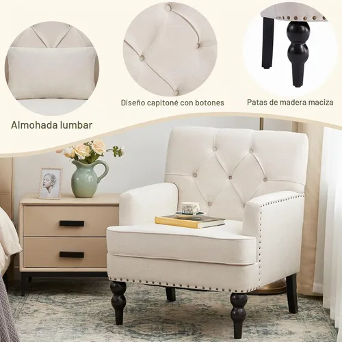 Vista 6 de HUIMO Silla de Club Acolchada, Silla de Acento con Almohada Lumbar, Sillón Tapizado con Botones, Sillas de Sofá de Tela de Lino para Dormitorio