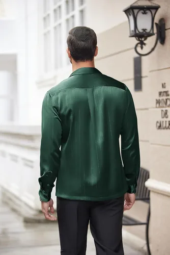Vista 3 de COOFANDY Camisa de vestir de satén de lujo para hombre, de seda brillante, manga larga, con botones, camisa de boda, fiesta, baile de graduación