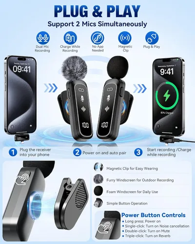 Vista 2 de Kit de vlogging para iPhone/Android, kit de inicio de TikTok YouTube para grabación de video con micrófono inalámbrico, adaptador de micrófono