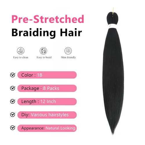 Vista 4 de Firstcyh Hair Cabello trenzado preestirado de 12 pulgadas, cabello trenzado 1B para mujeres negras, 8 paquetes de cabello trenzado bohemio