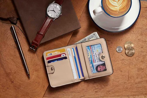 Vista 6 de Gostwo - Cartera compacta de piel genuina de lujo para mujer con bloqueo de RFID y ventana de identificación