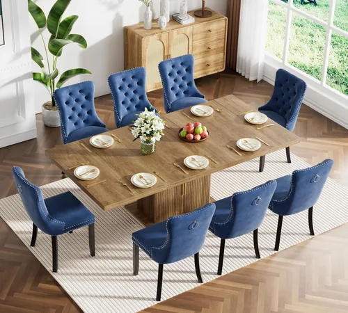 Vista 52 de Juego de mesa de comedor extensible de 5 piezas, juego de mesa de comedor extensible de estilo granja para 4, mesa de cocina expandible de madera