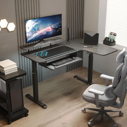 Vista 2 de EUREKA ERGONOMIC Escritorio eléctrico de pie en forma de L de 55 pulgadas, escritorio para juegos de computadora de altura ajustable con bandeja