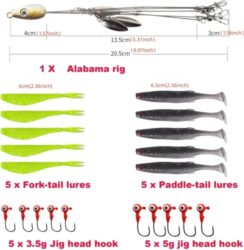 Vista 3 de Alabama Rig Kit de 5 brazos Alabama Umbrella Rig Bass Fishing Kit un aparejo de pesca señuelos de pesca con cola de paleta preaparejada Swimbaits