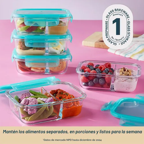Vista 5 de Pyrex Caja de comida de vidrio (paquete de 5, 2.3 tazas), compartimentos Para preparar comidas y porciones, sin BPA, apto para microondas