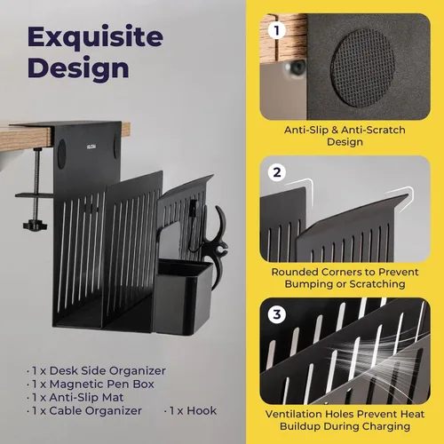 Vista 4 de Volcora Almacenamiento lateral, soporte para debajo de la laptop, organizador sin taladros con caja magnética para bolígrafos, abrazadera