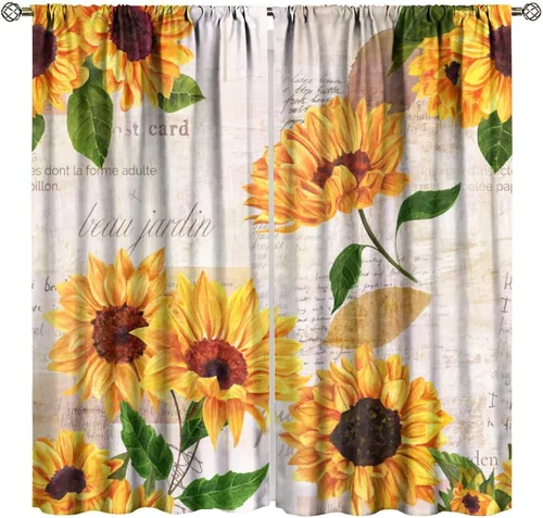 Vista 18 de Cortinas opacas de girasol, diseño natural, de granja, floral, con bolsillo para barra, para ventana, para dormitorio, sala de estar, 42 x 45