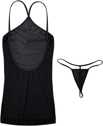 Vista 6 de renvena Lencería de malla transparente para mujer mini vestido bodycon cuello halter espalda descubierta ropa de club