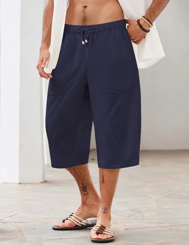 Vista 3 de COOFANDY Pantalones capri harén de lino para hombre, casuales, ligeros, con cordón, pantalones de yoga, holgados, 34, pantalones de playa