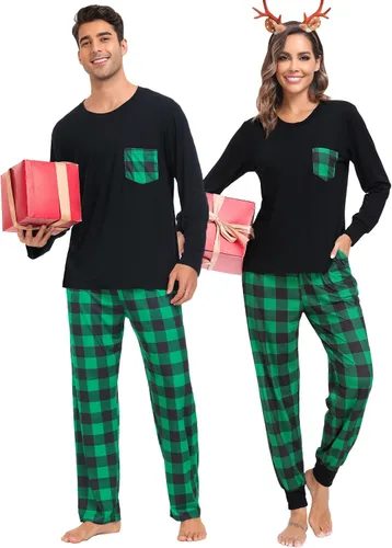 Vista 2 de SWOMOG Pijamas de Navidad para adultos, pantalones de pijama a cuadros con bolsillos, camisetas de manga larga para parejas y familia