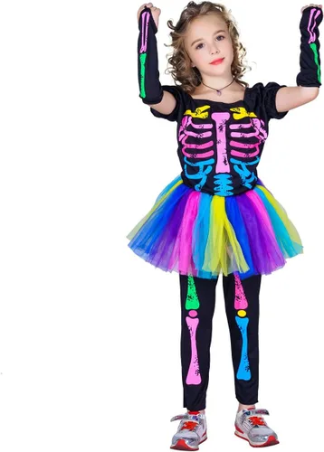 Vista 2 de disfraces de Halloween esqueleto de niña, S, Multicolor