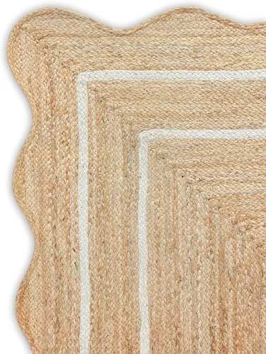 Vista 5 de Alfombra de yute natural ondulada con borde festoneado de Weaving Village, alfombra bohemia de yute para entrada, alfombra de pasillo estilo granja