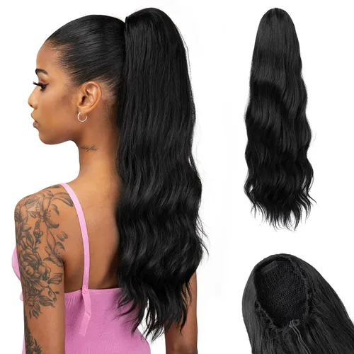 Vista 10 de Extensiones de cabello rizado con cordón para mujeres negras, 16 pulgadas de largo, sintético, afro, esponjoso, en capas, extensión de cola
