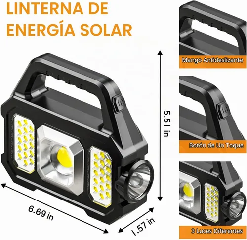 Vista 4 de Linterna Solar de Mano, 1000 Lúmenes Linternas de Mano con Carga Solar o USB, Linternas Portátiles Impermeables Alimentadas por Energía Solar con 6