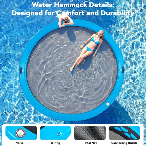 Vista 4 de Muelle flotante inflable redondo de 6 a 12 pies, anillo de flotador Sunchill, hamaca de agua para broncear flotadores de piscina con tela tejida