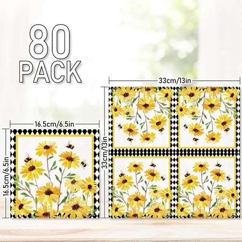 Vista 2 de JarThenaAMCS 80 servilletas de almuerzo con girasol, abejas florales, desechables, servilletas de papel decorativas a cuadros de diamantes