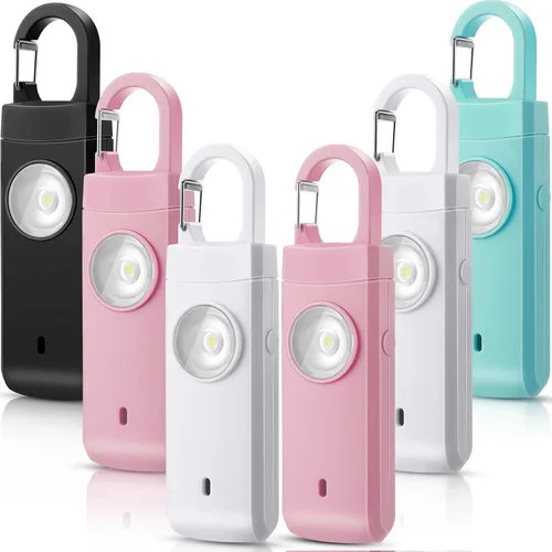 Vista 8 de Tellegloww 6 unidades de alarma personal de seguridad personal de 130 dB para mujeres, llaveros de alarma personal con sirena fuerte con luz
