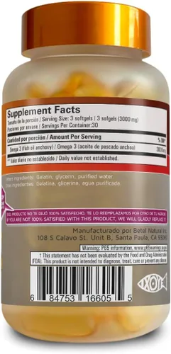 Vista 2 de Betel Natural Aceite de Pescado Omega 3 Premium EPA/DHA Aceite de Pescado - 90 Cápsulas Blandas