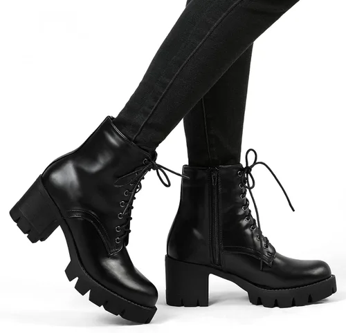 Vista 2 de Allegra K Botas de combate con plataforma y tacón grueso para mujer