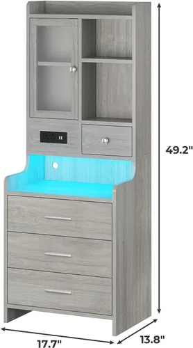 Vista 3 de ADORNEVE - Mesita de noche alta con estación de carga y luces LED, mesita de noche de 49.2" con estantería, estante ajustable con puerta de vidrio