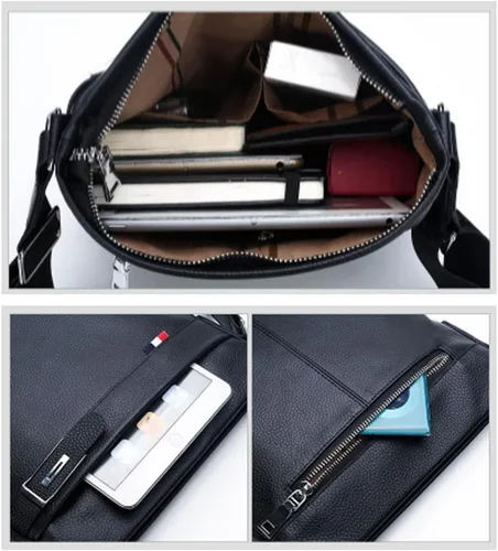 Vista 3 de Leathario Bandolera de cuero para hombre bandolera pequeña para trabajo negocios viajes Negro-M