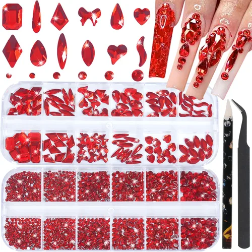Vista 10 de Diamantes de imitación para uñas, tamaño 3D multiforma, gemas y dijes de cristal AB para uñas, parte trasera plana, con kit para arte de uñas