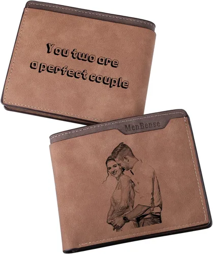 Vista 26 de INBLUE Billetera plegable grabada personalizada, cartera de cuero personalizada con foto y texto grabado, regalos para hombres, marido, papá, hijo