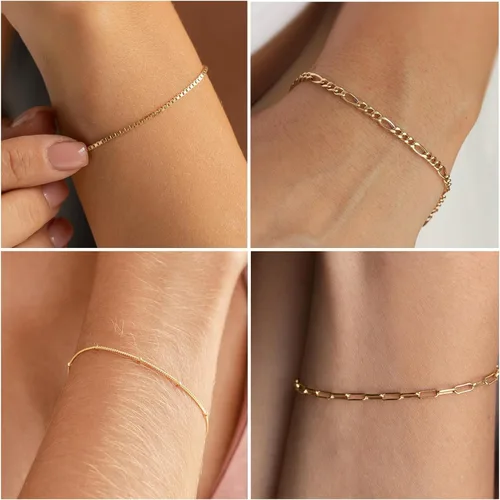 Vista 2 de Pulseras de oro para mujer, juego de pulseras en capas de oro de 14 quilates, delicadas cadenas de espiga de espiga, pulseras cubanas de oro