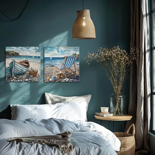 Vista 3 de Decoración de baño, arte de pared de playa, tema oceánico, imagen azul, impresión en lienzo, obra de arte costera moderna, enmarcada para colgar