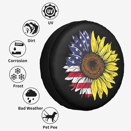 Vista 7 de Bandera Americana de Estados Unidos, cubierta de neumático de repuesto con diseño de girasol, protector de rueda a prueba de polvo, para remolque
