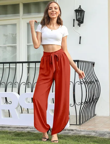 Vista 3 de Pantalones de vestir para mujer, cintura alta, pierna ancha, pantalones de descanso casuales de trabajo, pantalones curvados con pierna dividida