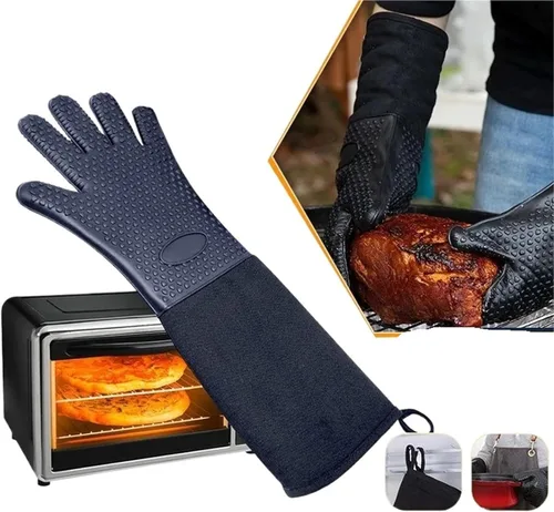Vista 2 de Manoplas extralargas para horno, resistentes al calor, con forro de algodón, guantes gruesos para cocina, servicio de alimentos y alimentos