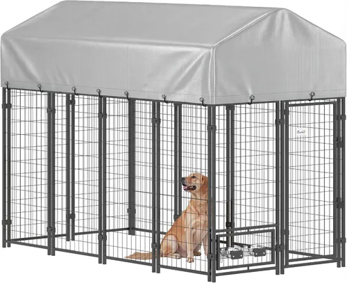 Vista 12 de PawHut Perrera para perros al aire libre de 10' x 10' x 6' con cuencos giratorios de 360°, plateado
