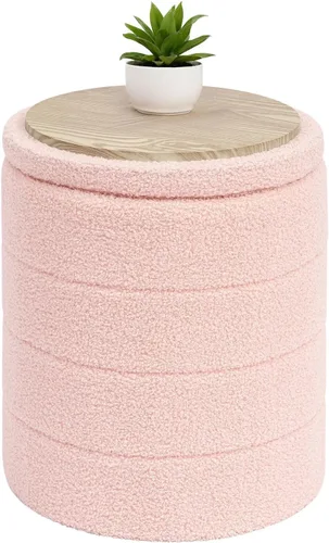 Vista 12 de B FSOBEIIALEO Otomana con Almacenamiento, Taburete Otomano de Almacenamiento Redondo Sherpa, Reposapiés Boucle 14.6"x14.6"x17.7" (Beige)