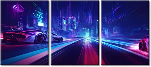 Vista 118 de Arte de pared de 3 piezas de escena de ciencia ficción de la calle comercial futurista paisaje urbano, decoración de pared para dormitorio