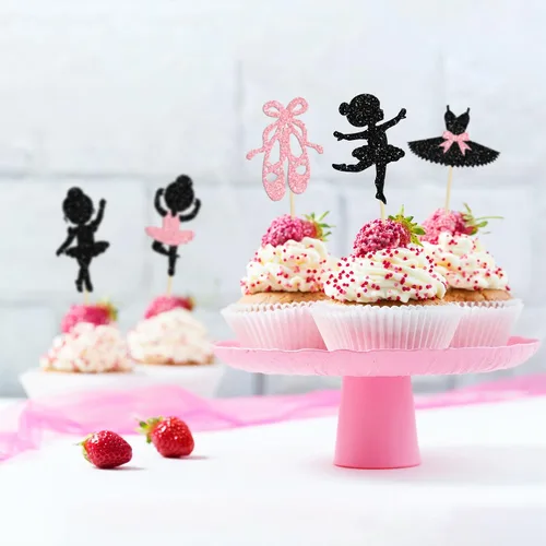Vista 6 de Gyufise 30 piezas de tutú de bailarina para cupcakes con purpurina negra para ballerina, decoración de cupcakes para bailarina, baby shower, fiesta