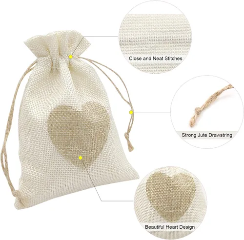 Vista 3 de SumDirect Bolsas de arpillera de corazón con cordón – 36 bolsas pequeñas de lino beige de 4 x 6 pulgadas para regalo de boda, baby shower