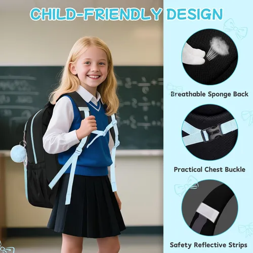 Vista 7 de Mochila para niñas, mochila escolar para niñas, bonita mochila con lazo para niñas, niños y adolescentes, para estudiantes de escuela primaria