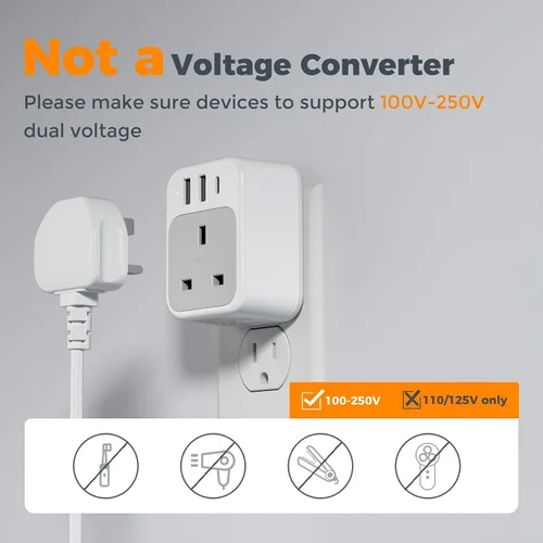 Vista 7 de TESSAN - Adaptador de viaje de Reino Unido a EE. UU. con salida de CA 3 USB (1 USB C)
